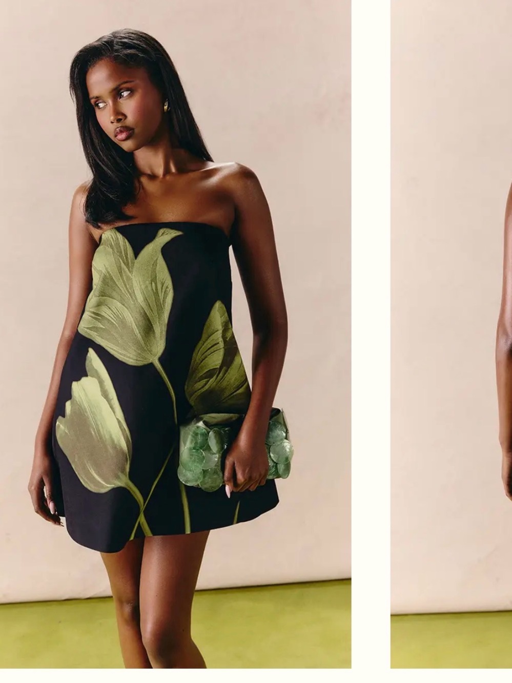 Strapless Black Mini Dress with Green Flower Print